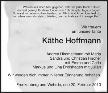 Todesanzeige von Käthe Hoffmann von HNA