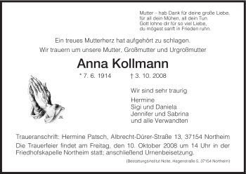 Todesanzeige von Anna Kollmann von HNA