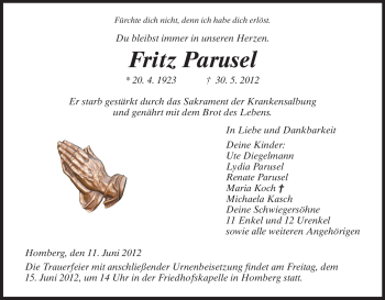 Todesanzeige von Fritz Parusel von HNA