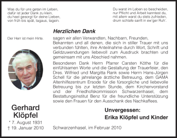 Todesanzeige von Gerhard Klöpfel von HNA