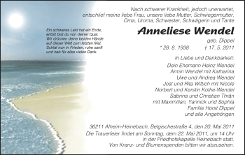 Todesanzeige von Anneliese Wendel von HNA
