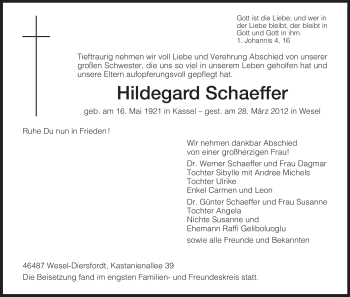 Todesanzeige von Hildegard Schaeffer von HNA