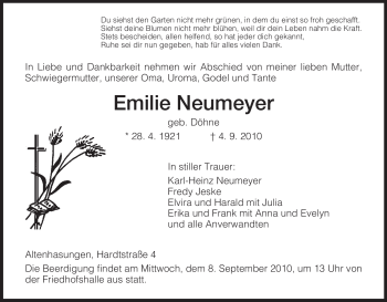 Todesanzeige von Emilie Neumeyer von HNA