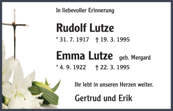 Todesanzeige von Rudolf und Emma Lutze von HNA