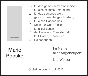Todesanzeige von Marie Pooske von HNA