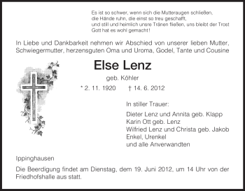 Todesanzeige von Else Lenz von HNA