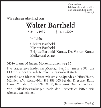Todesanzeige von Walter Bartheld von HNA