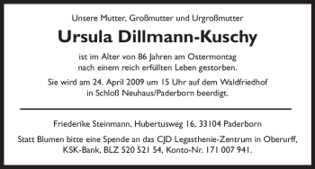 Todesanzeige von Ursula Dillmann-Kuschy von HNA