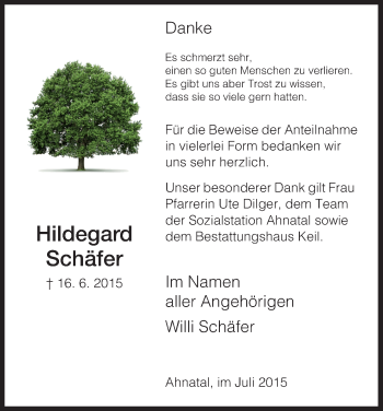 Todesanzeige von Hildegard Schäfer von HNA