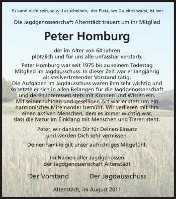 Todesanzeige von Peter Homburg von HNA