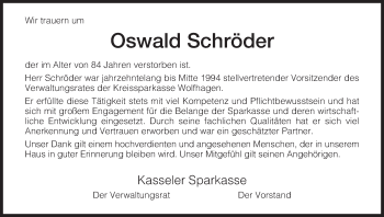 Todesanzeige von Oswald Schröder von HNA