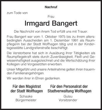 Todesanzeige von Irmgard Bangert von HNA
