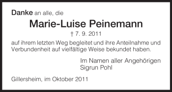 Todesanzeige von Marie-Luise Peinemann von HNA