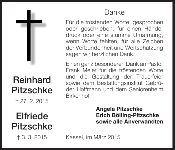 Todesanzeige von Reinhard und Elfriede Pitzschke von HNA