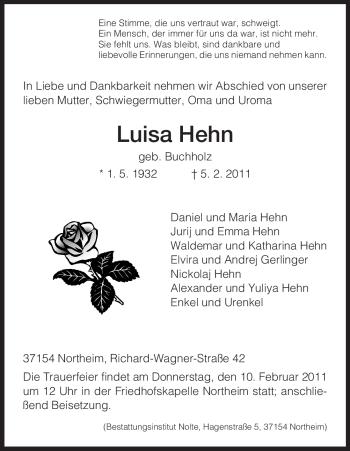 Todesanzeige von Luisa Hehn von HNA