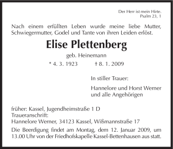 Todesanzeige von Elise Plettenberg von HNA