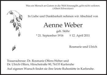 Todesanzeige von Aenne Weber von HNA