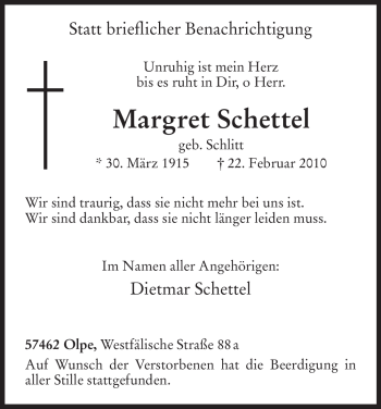 Todesanzeige von Margret Schettel von HNA