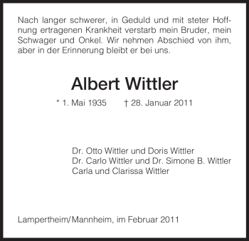 Todesanzeige von Albert Wittler von HNA