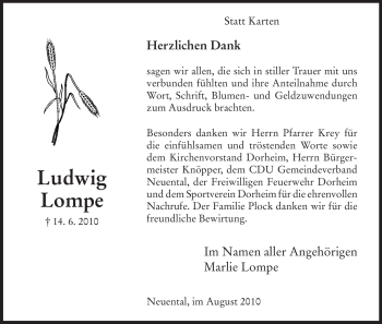 Todesanzeige von Ludwig Lompe von HNA