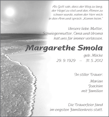Todesanzeige von Margarethe Smola von HNA