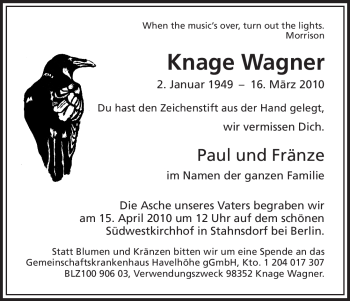 Todesanzeige von Knage Wagner von HNA