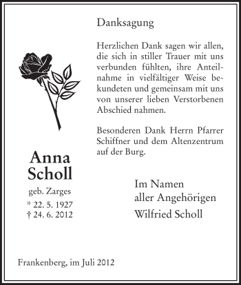 Todesanzeige von Anna Scholl von HNA
