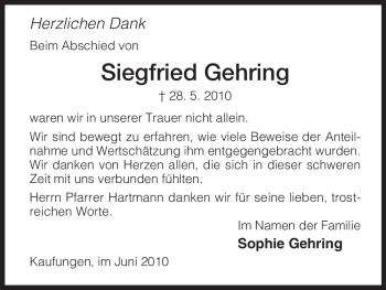 Todesanzeige von Siegfried Gehring von HNA
