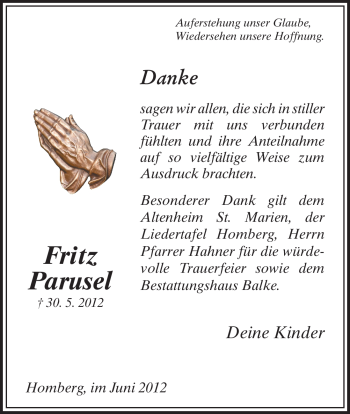 Todesanzeige von Fritz Parusel von HNA