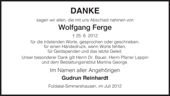 Todesanzeige von Wolfgang Ferge von HNA