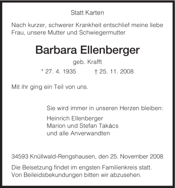 Todesanzeige von Barbara Ellenberger von HNA
