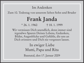 Todesanzeige von Frank Janda von HNA