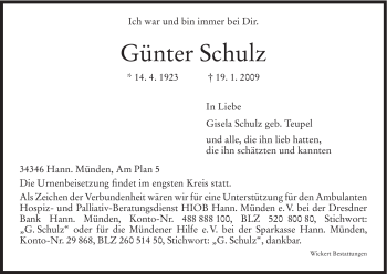 Todesanzeige von Günter Schulz von HNA