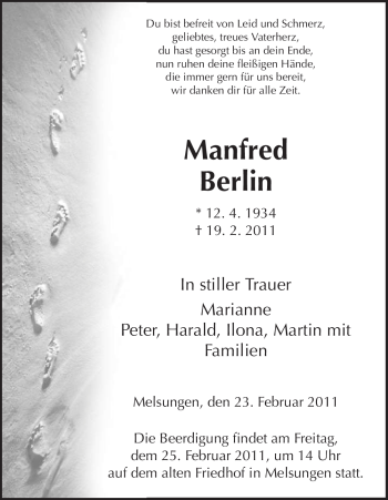 Todesanzeige von Manfred Berlin von HNA