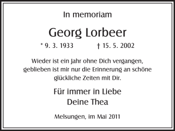 Todesanzeige von Georg Lorbeer von HNA