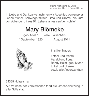 Todesanzeige von Mary Blömeke von HNA