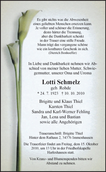 Todesanzeige von Lotti Schmelz von HNA