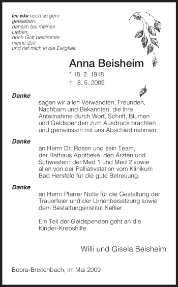 Todesanzeige von Anna Beisheim von HNA