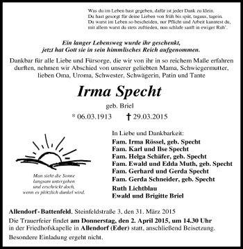 Todesanzeige von Irma Specht von HNA