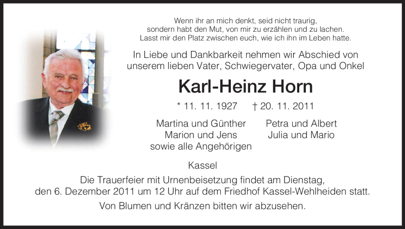  Traueranzeige für Karl-Heinz Horn vom 02.12.2011 aus HNA