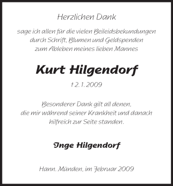 Todesanzeige von Kurt Hilgendorf von HNA