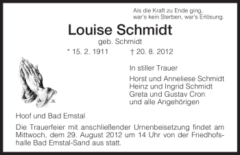 Todesanzeige von Louise Schmidt von HNA