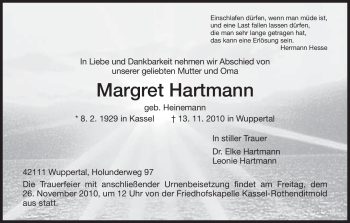 Todesanzeige von Margret Hartmann von HNA