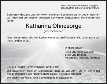 Todesanzeige von Katharina Ohnesorge von HNA