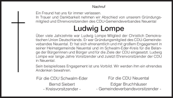Todesanzeige von Ludwig Lompe von HNA