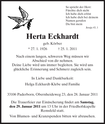 Todesanzeige von Herta Eckhardt von HNA