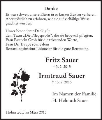 Todesanzeige von Fritz und Irmagrad Sauer von HNA