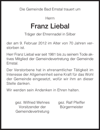 Todesanzeige von Franz Liebal von HNA