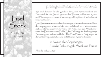 Todesanzeige von Lisel Stock von HNA