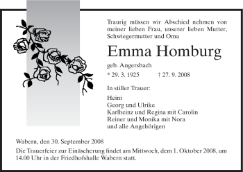 Todesanzeige von Emma Homburg von HNA